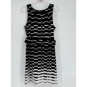 I LE Womens Black White Geometric Print Sleeveless Belted Sheath‎ Dress Sz 10
